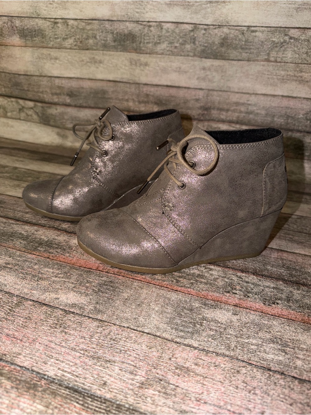 Toms Metallic Gray Lace-Up Wedge Booties